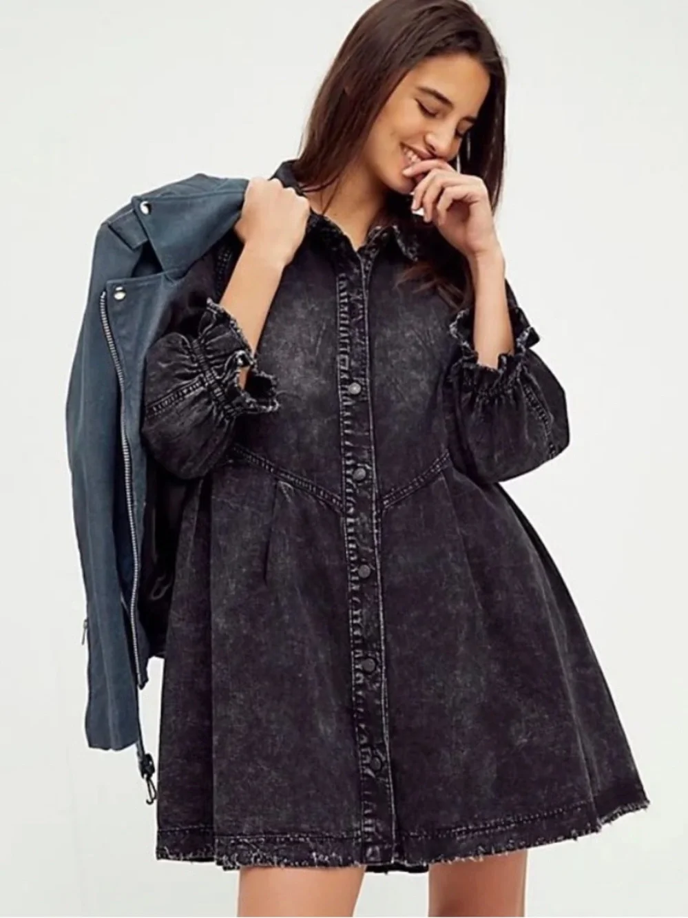 Free People Hannah Denim Mini Dress Black Size Extra Small